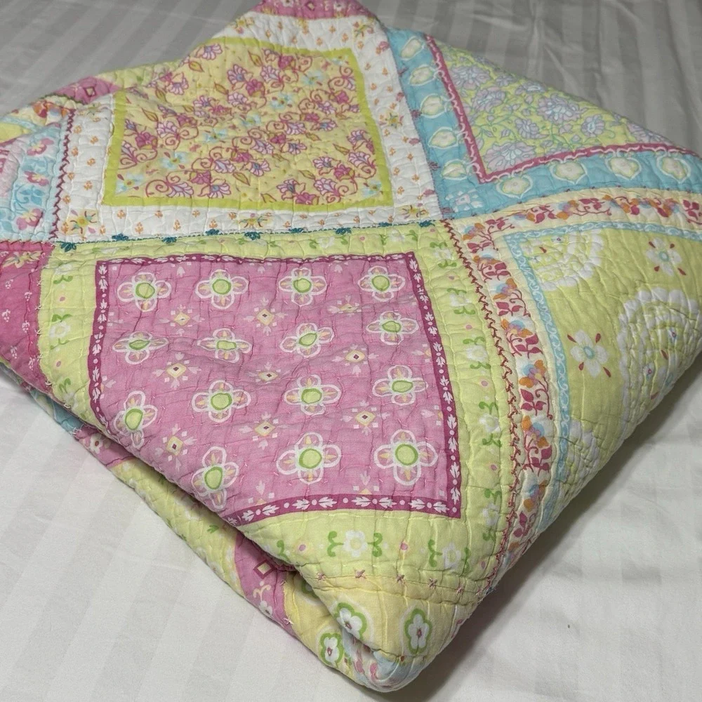 Pottery Barn Kids Lexi Tropical Palm Twin Quilt Pink Cotton Hawaii Cottagecore